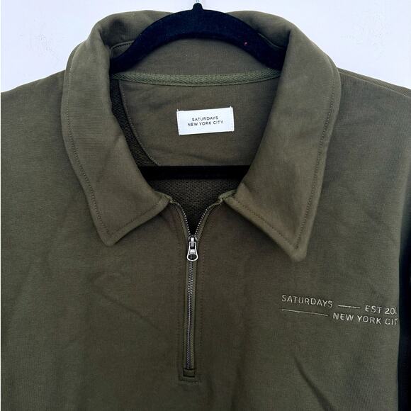 NWT Saturdays New York Men's Fundamental Quarter Zip Sweatshirt Army Green - Picture 6 of 16